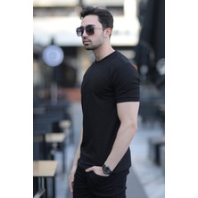 Erkek Bisiklet Yaka Dokulu Pamuklu T-Shirt Siyah - 2639