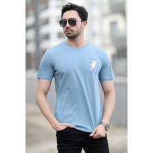 Erkek Bisiklet Yaka Kedi Dijital Baskılı T-Shirt Mavi - 2020-3