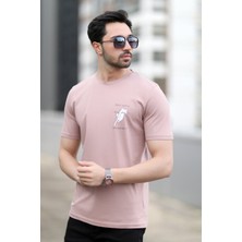 Erkek Bisiklet Yaka Kedi Dijital Baskılı T-Shirt Pudra - 2020-3