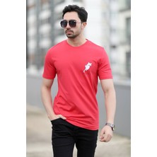 Erkek Bisiklet Yaka Kedi Dijital Baskılı T-Shirt Kırmızı - 2020-3