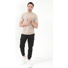 Erkek Kargo Pantolon Siyah Jogger Likralı Beli ve Paçası Lastikli Pamuk Karışım - 6221