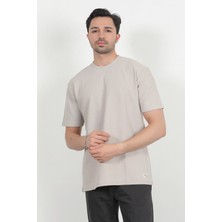 Erkek Bisiklet Yaka Pamuklu Dokulu Oversize T-Shirt Taş - 2917