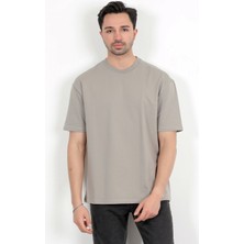 Erkek Bisiklet Yaka Pamuklu Basic Oversize T-Shirt Açık Gri - 2911
