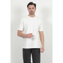 Erkek Bisiklet Yaka Pamuklu Dokulu Oversize T-Shirt Beyaz - 2917