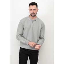 Gri Erkek Polo Yaka Sweatshirt Selanik Örgü Pamuk Karışım Ribanalı Düğme Kapama - 5739