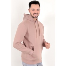 Gül Rengi Erkek Kapüşonlu Sweatshirt Kanguru Cepli Pamuk Karışımlı Oversize Hoodie - 5281