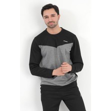 Erkek Siyah Füme Parçalı Baskılı Bisiklet Yaka Pamuklu Regular Fit Sweatshirt - 0343