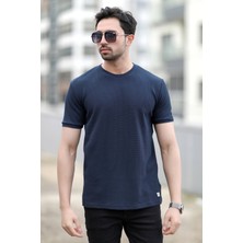 Erkek Bisiklet Yaka Waffle Kumaş Dokulu T-Shirt Lacivert - 2709