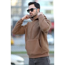 Erkek Kapüşonlu Oversize Sweatshirt Kahverengi Kanguru Cep Intersoft Hoodie - 5738