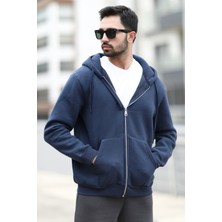 Erkek Kapüşonlu Sweatshirt Fermuarlı Indigo Çift Cepli 3ip Şardonlu Pamuk Karışımlı Hoodie - 24K5487