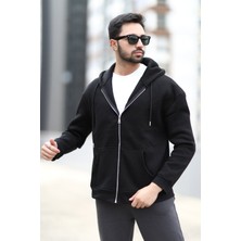 Erkek Kapüşonlu Fermuarlı Sweatshirt Oversize Siyah Kordonlu Ribanalı Cepli - 10007