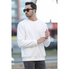 Erkek Oversize Sweatshirt Beyaz Intersoft Ribanalı Bisiklet Yaka Rahat Kesim - 5737