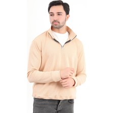 Erkek Bej Dik Yaka Yarım Fermuarlı Esnek Örme Regular Fit Sweatshirt - 16814