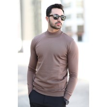 Erkek Yarım Balıkçı Yaka Kazak Kahverengi Pirinç Örgü %100 Mikro Flament Triko - 1045