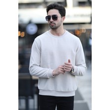 Erkek Bisiklet Yaka Intersoft Oversize Ribanalı Sweatshirt Bej - 5737