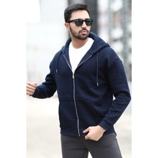 Erkek Kapüşonlu Fermuarlı Sweatshirt Oversize Indigo Kordonlu Ribanalı Cepli - 10007