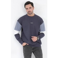 Erkek Bisiklet Yaka Sweatshirt Füme 3 Iplik Kolu Garnili Oversize Pamuk Karışım - 5298