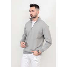 Erkek Dik Yaka Yarım Fermuarlı Dokulu Sweatshirt Açık Gri - 5470