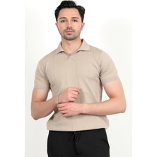 Erkek Polo Yaka Kısa Kol Çizgili Triko T-Shirt Bej - 2503
