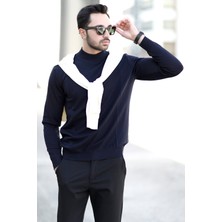 Erkek Yarım Balıkçı Yaka Kazak Lacivert Pirinç Örgü %100 Mikro Flament Ribanalı - 1047