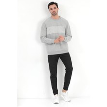 Erkek Gri Melanj Bisiklet Yaka Jakarlı 3ip Sweatshirt - 5783