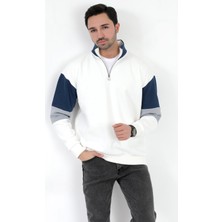 Erkek Dik Yaka Sweatshirt Beyaz Garnili Yarım Fermuarlı Pamuk Karışım - 5743