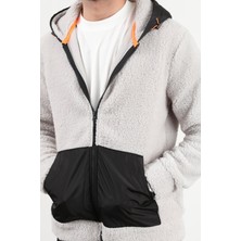 Erkek Kapüşonlu Fermuarlı Cep Detaylı Peluş Sweatshirt Gri - 9005