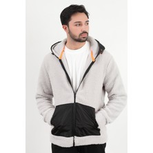 Erkek Kapüşonlu Fermuarlı Cep Detaylı Peluş Sweatshirt Gri - 9005