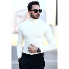 Erkek Balıkçı Yaka Örgü Kazak Beyaz %100 Mikro Flament Triko - 1012