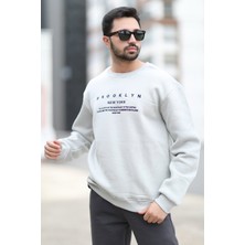 Erkek Kışlık Oversize Sweatshirt Açık Gri O Yaka Ribanlı 3 Ip Şardonlu Nakışlı - 10022
