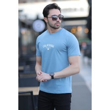 Erkek Bisiklet Yaka California Enjeksiyon Baskılı T-Shirt Mavi - 2020-2