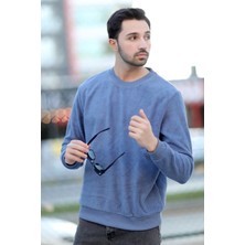 Erkek Oversize Sweatshirt Mavi Intersoft Ribanalı Bisiklet Yaka Rahat Kesim - 5737
