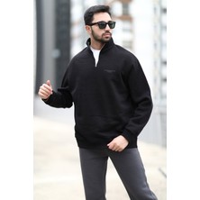 Erkek Oversize Sweatshirt Siyah Dik Yaka Yarım Fermuar Baskılı 3 Iplik Şardonlu - 10010