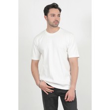 Erkek Bisiklet Yaka Fitilli %100 Pamuklu T-Shirt Beyaz - 3015