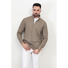 Erkek Vizon Renk Yarım Fermuarlı Selanik Sweat - 5716