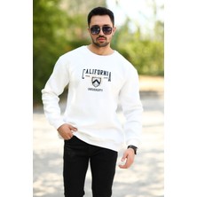 Erkek Bisiklet Yaka Sweatshirt Beyaz California Nakışlı 3 Iplik Ribanalı - 10023