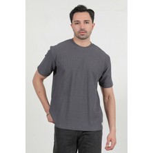 Erkek Bisiklet Yaka Pamuklu Dokulu Oversize T-Shirt Antrasit - 2917