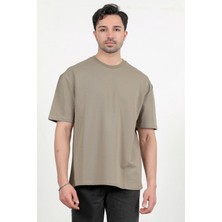 Erkek Bisiklet Yaka Pamuklu Basic Oversize T-Shirt Haki - 2911