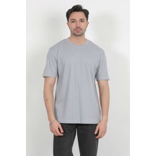 Erkek Bisiklet Yaka Fitilli %100 Pamuklu T-Shirt Açık Gri - 3015