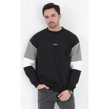 Erkek Bisiklet Yaka Sweatshirt Siyah 3 Iplik Kolu Garnili Oversize Pamuk Karışım - 5298