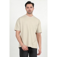 Erkek Bisiklet Yaka Pamuklu Basic Oversize T-Shirt Taş - 2911