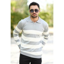 Erkek Polo Yaka Sweatshirt Gri-Beyaz Çizgili Triko %100 Flament Örme Ribanalı - 1420