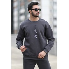 Erkek Polarlı Kışlık Sweatshirt Antrasit El Yazısı Nakışlı 3 Iplik Şardonlu O Yaka - 10021