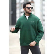 Erkek Kışlık Yarım Fermuarlı Sweatshirt Yeşil 3 Ip Dik Yaka Baskılı Ribanalı - 10011