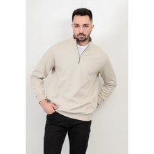 Erkek Dik Yaka Yarım Fermuarlı Dokulu Sweatshirt Kül - 5470