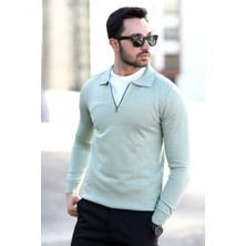 Erkek Polo Yaka Kazak Açık Yeşil Yarım Fermuarlı Pirinç Örgü %100 Mikro Flament Ribanalı - 1065