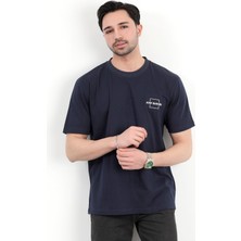 Erkek Bisiklet Yaka Marka Baskılı %100 Pamuklu T-Shirt Lacivert - 2271-2