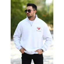 Erkek Yarım Fermuarlı Ön ve Arka Baskılı Pamuklu Sweatshirt - 10013