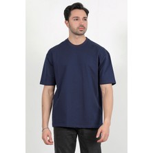 Erkek Bisiklet Yaka Pamuklu Basic Oversize T-Shirt Lacivert - 2912