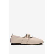 Liger Kadın Oval Burun Aksesuar Bantlı Babet Ayakkabı  BEJ